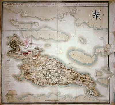 Mapa Rhode Island w czasie jej okupacji 1780-81 przez armię francuską na rozkaz Jean-Baptiste de Vimeur (1725-1807) hrabiego Rochambeau autorstwa French School