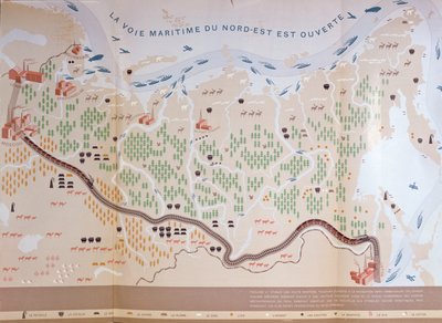 Mapa Syberii przedstawiająca ogromne zasoby naturalne tego obszaru oraz szlak morski, który otworzyłby handel, 1933 autorstwa French School