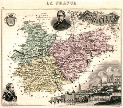 Mapa Tarn-et-Garonne z widokiem na Montauban i portretami Ingresa i Jeana Parisota de La Valette (kolor lito) autorstwa French School