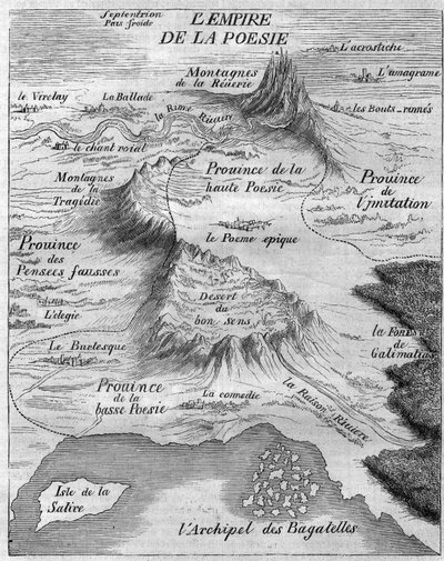 Mapa „Imperium Poezji” reprezentująca różne rodzaje poezji. Bernard Le Bouyer (Le Bovier) de Fontenelle (1657-1757) autorstwa French School