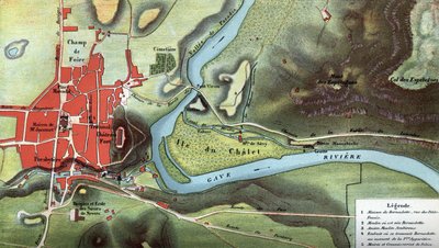 Mapa kraju Lourdes z 1858 roku, rok wizji Bernadetty Soubirous: pokazuje położenie jej domu i jaskini. Pireneje Wysokie (65). Chromolitografia w „”Notre Dame de Lourdes”” Henri Lasserre autorstwa French School