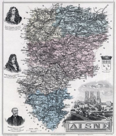 Mapa departamentu Aisne (grawerowanie 1889) autorstwa French School