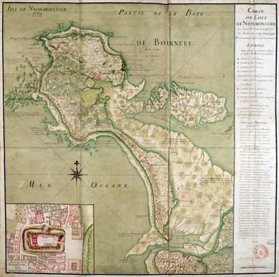Mapa wyspy Noirmoutier wraz z mapą zamku, wykonaną w 1769 roku. autorstwa French School