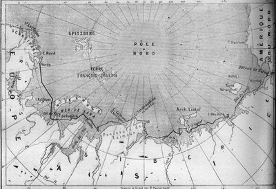 Mapa podróży „Vegi”” nakreślona przez odkrywcę Nilsa Adolfa Erika (Erica) Barona Nordenskjolda (Nordenskiolda) (1832-1901). W 1878 Nordenskjold przeszedł z Oceanu Atlantyckiego do Oceanu Spokojnego wzdłuż wybrzeża Syberii. Grawerowanie w „” Le Monde Illust autorstwa French School