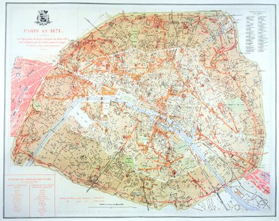 Mapa przedstawiająca zakres prac w okresie rozwoju Haussmanna w Paryżu z lat 1854-71, 1871 autorstwa French School