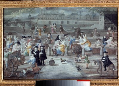 Marsz drobiu i chleba, quai des Grands Augustins w Paryżu w 1660 r. Anonimowe malarstwo francuskie autorstwa French School