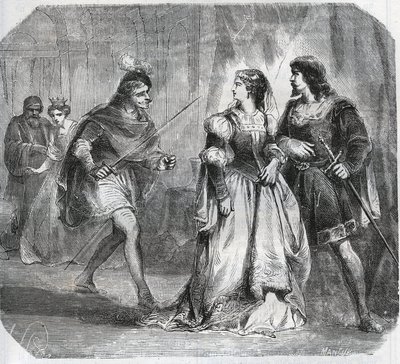 Marguerite de Baviere, księżna Burgundii (1363-1423) i królowa Izabela (Isabelle, Elżbieta) z Baviere (1371-1435) osobno Ludwik I Walezyjski, książę Orleanu (1372-1407) i Jean Sans Ppeur, książę Burgundii ( 1371-1419), którzy walczą o rząd autorstwa French School
