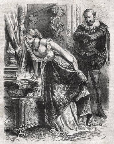 Małgorzata de Valois (1553-1615), znana jako królowa Margot, ukrywa w sejfie swojego kochanka, Juliena de Leris. Jej mąż, król Francji Henryk IV (1553-1610), z radością obserwuje tę scenę. 16 wiek. Grawerunek z 1871 roku w „Histoire Des Cocuses Celebres” a autorstwa French School