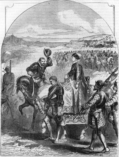 Mary Stuart oddająca się Elżbiecie 1 z Anglii. W „”Popularnej historii Francji””, bd. ok. 1885 r. Grawerowanie. autorstwa French School
