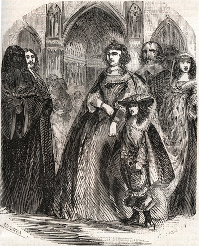 Maria de Medicis (1573-1642), królowa Francji i regentka Królestwa z synem Ludwikiem XIII udającym się do Notre-Dame de Paris - w "Histoire de France" L.-P. Anquetil autorstwa French School