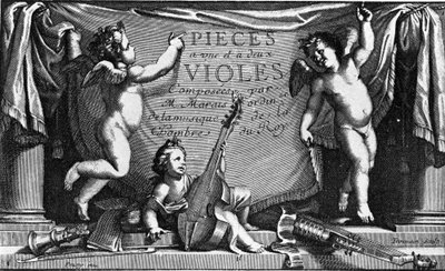 Marin Marais, frontyspis „Pieces a une et feus viololes” autorstwa French School