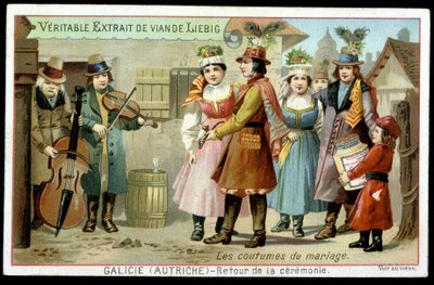 Zwyczaje małżeńskie: powrót ceremonii w Galicji, Austria - chromo. Liebig, t. 1895 autorstwa French School