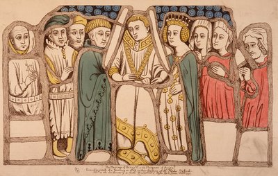 Ślub Henryka VI z Anglii (1421 - 1471) i Małgorzaty Anjou (1429 - 1482) w 1445. Rycina z 1793. Biblia. Art Deco w Paryżu. autorstwa French School