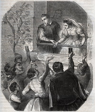 Ślub Martina Guerre (ok. 1524) i Bertrande de Rols w Artigat (Ariege) 15 maja 1539. Rycina z 1871 roku w „Histoire Des Cocuses Celebres” Henry de Kocka (1819-1892). autorstwa French School