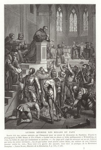 Marcin Luter rozrywa bulle papieskie, Wittenberga, Niemcy, 1520 autorstwa French School