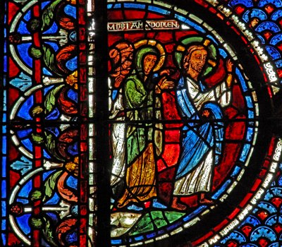 Okno Marii Magdaleny: Maria, Marta i Jezus idą do grobu Łazarza (w46) autorstwa French School