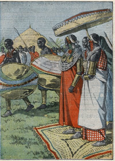 Masajski zwyczaj: po polowaniu na lwa straż honorowa przechodzi przed królową, która nosi druciane naszyjniki - "Le Pelerin", 14 października autorstwa French School