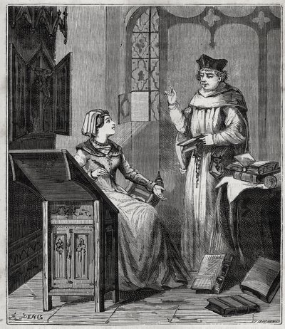 Matthieu Lansbert (Lansberg, Lansbergh, Laensberg lub Laensbergh) (XV-XVI wiek) et sa siostrzenica - Grawerowanie w „”Nauki udostępnione każdemu – fizyka i chemia”” Alexis Clerc – Koniec XIX wieku – Kolekcja prywatna autorstwa French School