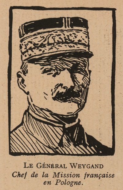 Maxime Weygand, francuski generał i członek Misji Międzysojuszniczej wysłanej w celu wsparcia II Rzeczypospolitej podczas wojny polsko-bolszewickiej w 1920 r. (litografia) autorstwa French School