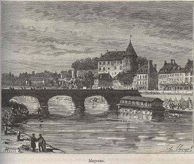 Mayenne to gmina w zachodniej Francji w regionie Pays de la Loire - rycina w „La France illustree: geografia, historia, statystyka administracyjna” autorstwa V.-A. Słodowo-Brązowy. 1884 autorstwa French School
