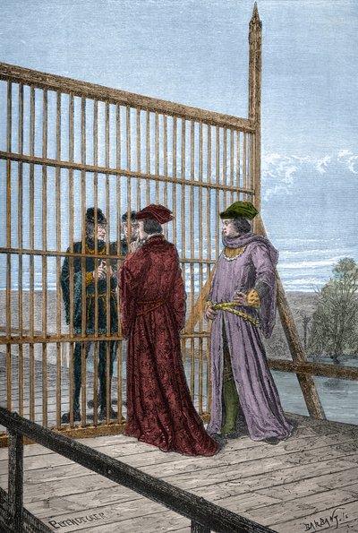 Spotkanie króla Edwarda IV i Ludwika XI Francji w Pecquigny - Treat de Picquigny (departament Somma) w dniu 29 sierpnia 1475 między Ludwikiem XI i Edwardem IV kończy wojnę stuletnią - grawerowanie w „L
