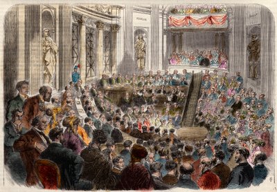 Spotkanie akademii francuskiej 23 kwietnia 1868 r. Przyjęcie Monsieur Jules Favre (1809-1880), polityka francuskiego. Grawerowanie w „L
