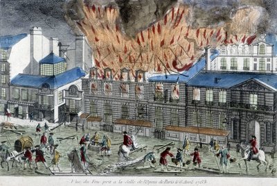 Mężczyźni próbujący ugasić pożar opery paryskiej w 1763 r. autorstwa French School