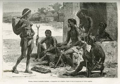 Mężczyźni, kobiety i naczynia (region Bihe, Rwanda). Grafika autorstwa D. Maillarta, ilustrująca opowieść o tym, jak przepłynąłem Afrykę, od Oceanu Atlantyckiego do Oceanu Indyjskiego, autorstwa majora Serpa Pinto, w latach 1877-1878, opublikowaną w Tour d autorstwa French School