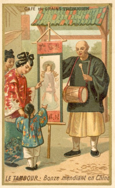 Mnich żebraczy z bębnem, Chiny (chromolitho) autorstwa French School