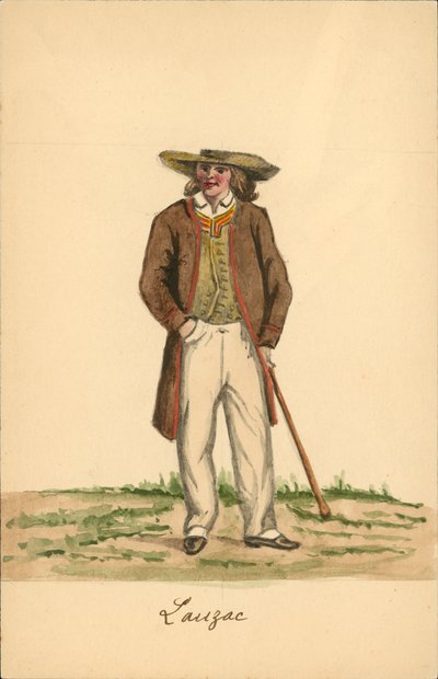 Strój męski z Lauzach, Morbihan (kolorowa litografia) autorstwa French School