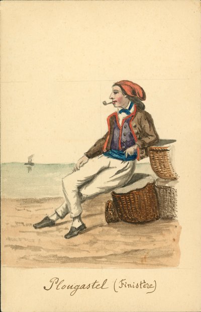 Strój męski z Plougastel, Finistere (kolorowa litografia) autorstwa French School