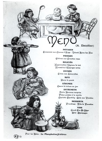 Menu stworzone przez Auguste Escoffiera (1846-1935) dla dzieci i niemowląt, ok. 1930 r. 1900 autorstwa French School