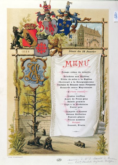 Menu, prawdopodobnie z Le Bernois, 14 stycznia 1888 r. autorstwa French School