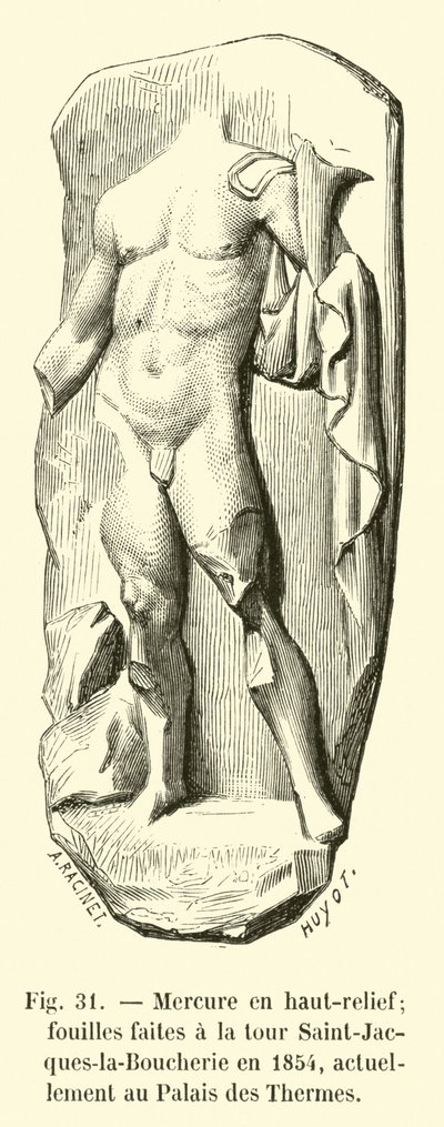 Merkury w wysokim reliefie; wykopaliska wykonane przy wieży Saint-Jacques-la-Boucherie w 1854 roku, obecnie w Palais des Thermes autorstwa French School