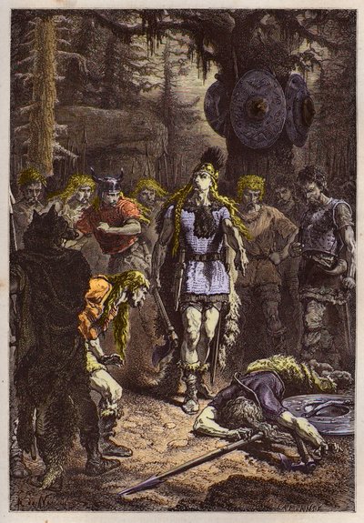 Merovingiens: Clovis 1er zestrzeliwujący żołnierza, który rozbił wazę Soissons, en 486 - Clovis (465-511) i frankoński wojownik, który rozbił wazę Soissons w 486 - grawerunek z „” L
