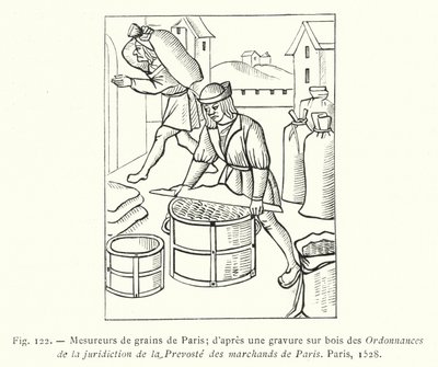 Paryskie mierniki ziarna; według drzeworytu z Ordannances de la Jurisdiction de la Prevoste des Marchands de Paris, Paryż autorstwa French School