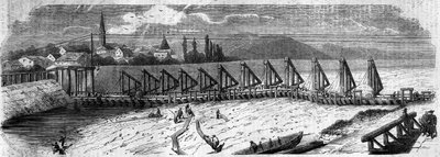 Zjawisko meteorologiczne: wysychanie Renu w 1858 r. Widok na most Kehl (Niemcy), z prądem francuskiego wybrzeża. Grawer w „Le Monde Illustré” nr 50 z 27 marca 1858 r. autorstwa French School