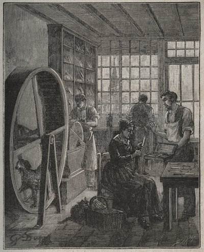 Metier i rzemieślnik: sklep ze sztućcami na prowincji w XIX wieku. Grawer z 1885 roku w „Les arts et metiers illustres” Adolphe BITARD. autorstwa French School