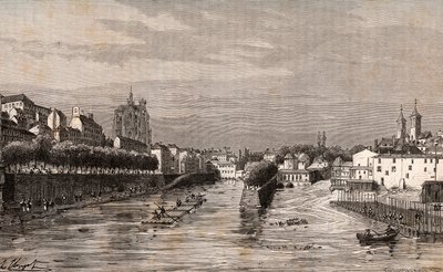 Metz - widok na port Saint-Georges - Moselle - rycina w „La France illustrée: geografia, historia, administracja statystyczna” autorstwa V.A. Malt-Browna. 1884 autorstwa French School