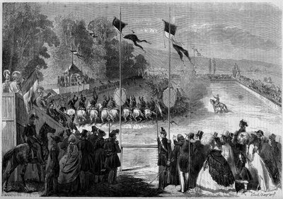 Karuzela wojskowa wykonana przez uczniów Saint Cyr (Saint-Cyr). Morbihan (56), 31 sierpnia 1861. Grawerowanie w „”Le Monde Illustré””n°230 z 7 września 1861. autorstwa French School
