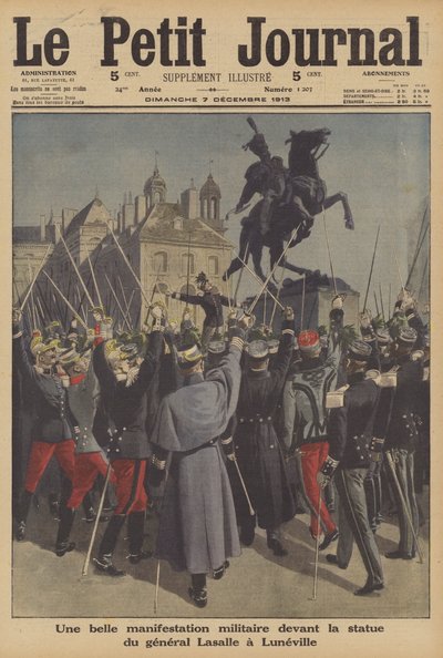 Demonstracja wojskowa przed pomnikiem generała Lasalle w Luneville we Francji (kolor lito) autorstwa French School