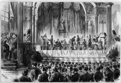 Rekrutacja do wojska: losowanie poborowych z 1858 r. w sali Saint Jean Hotel de Ville w Paryżu. Grawer w „”Le Monde Illustré””n°44 z 13 lutego 1858 r. autorstwa French School