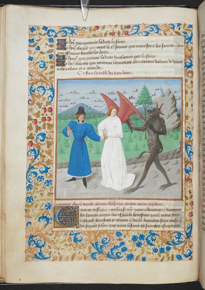 Miniatura mężczyzny z aniołem stróżem i diabłem Sloane MS 3049 f. 27, ok. 1480 (welin) autorstwa French School