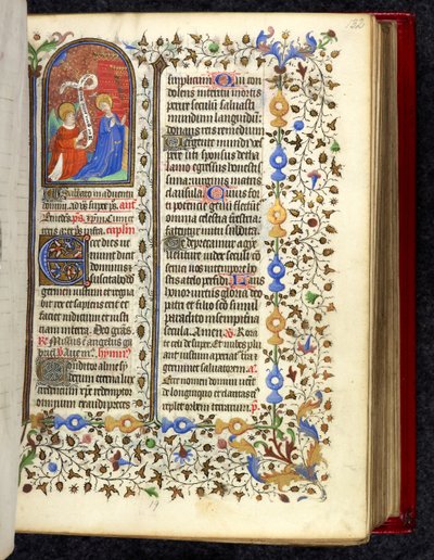 Miniatura Zwiastowania, zdobiony inicjał E (cce) i bordiury liściaste, początek Temporale w Brewiarzu, ok. 1420 (welum) autorstwa French School