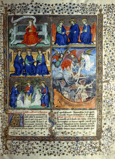 Miniatura przedstawiająca Królestwo Niebieskie przed stworzeniem: Sapientia, Trójca i Wypędzenie Lucyfera z Nieba, ok. 1410 autorstwa French School