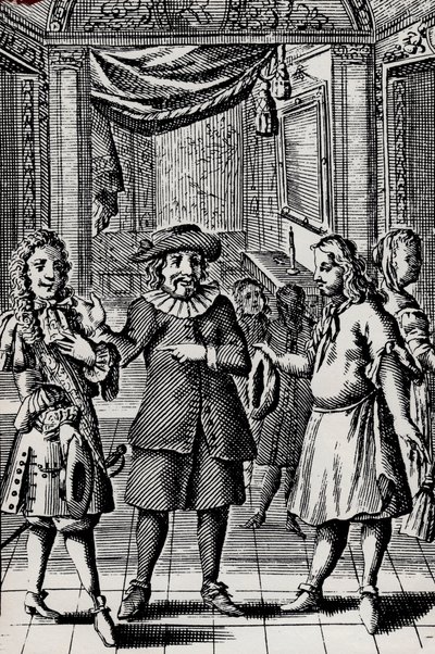 Skąpiec, rycina z dzieła Moliera, pseudonim Jean-Baptiste Poquelin (1622-1673) - Scena de la piece Moliera L
