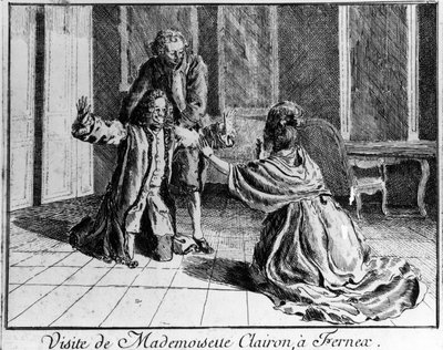 Panna Clairon (Mademoiselle Clairon Josephe Leris de La Ttude dit Mademoiselle Clairon (1723 -1803) Francuska aktorka odwiedziła Ferney a Voltaire Grawerowanie XVIII wieku. autorstwa French School