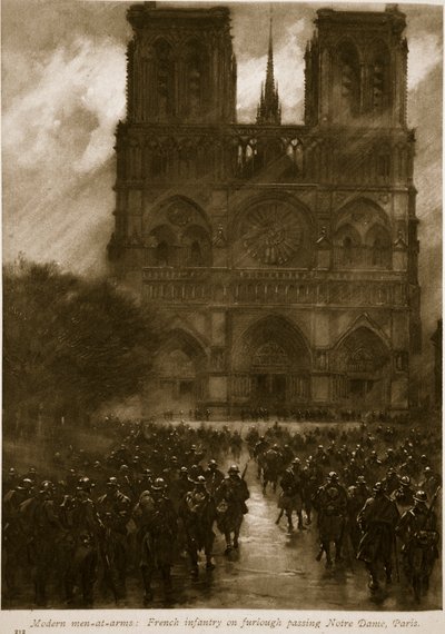 Współcześni żołnierze: francuska piechota na przepustce przechodząca obok Notre Dame, Paryż, 1914-19 autorstwa French School
