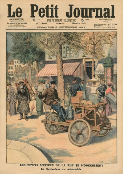 Modernizacja ulicznych prac, szlifierka noży w jego samochodzie, ilustracja z „Le Petit Journal”, dodatek ilustr., 3 września 1911 (kolor lito) autorstwa French School