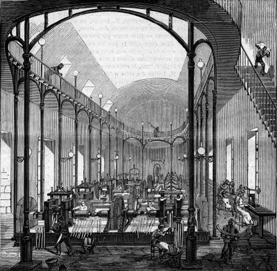 Zarabianie pieniędzy: walcowanie i cięcie. Grawer w „Le Monde Illustré” nr 145 z dnia 21 stycznia 1860 r. autorstwa French School